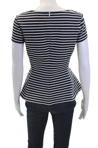 Theory Womens Cotton Striped Crew Neck Short Sleeve Peplum Top Navy Blue Size 4
