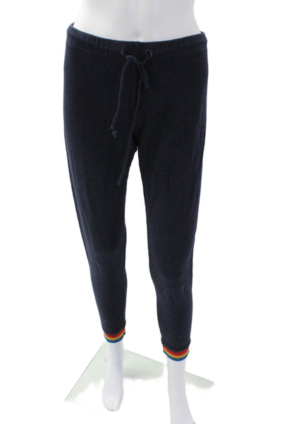 Monrow Womens Striped Drawstring Waist Mid-Rise Tapered Sweatpants Navy Size L