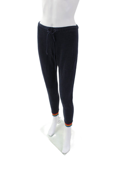 Monrow Womens Striped Drawstring Waist Mid-Rise Tapered Sweatpants Navy Size L