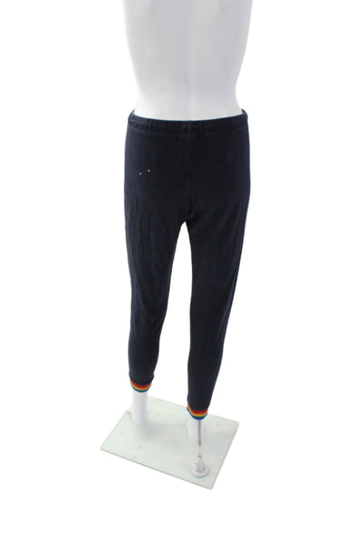 Monrow Womens Striped Drawstring Waist Mid-Rise Tapered Sweatpants Navy Size L