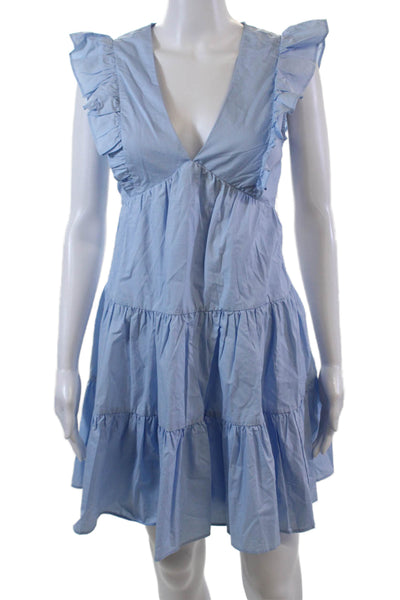 Aqua Womens Cotton Ruffle Trim Sleeveless V-Neck Tiered Dress Light Blue Size XS