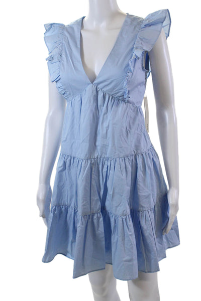 Aqua Womens Cotton Ruffle Trim Sleeveless V-Neck Tiered Dress Light Blue Size XS