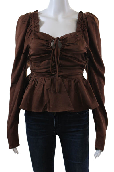 Six Fifty Womens Rouched Detail Smocked Long Sleeve Crop Top Brown Size S