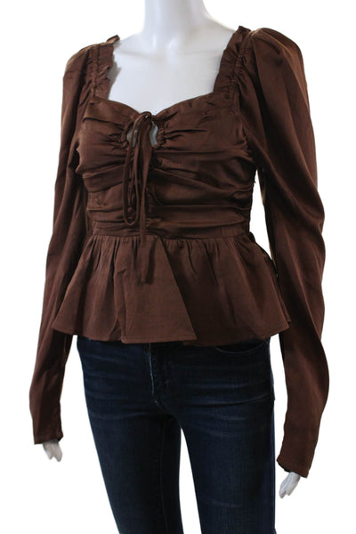 Six Fifty Womens Rouched Detail Smocked Long Sleeve Crop Top Brown Size S
