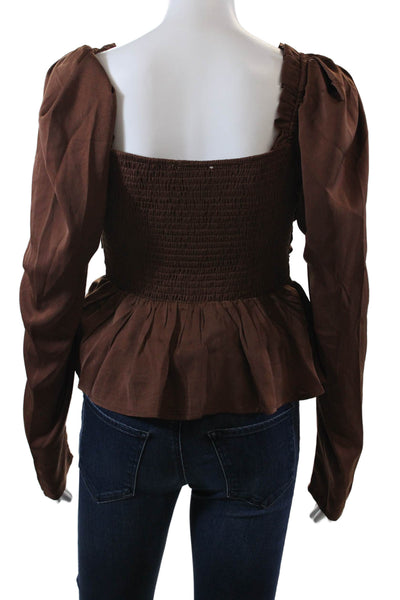 Six Fifty Womens Rouched Detail Smocked Long Sleeve Crop Top Brown Size S