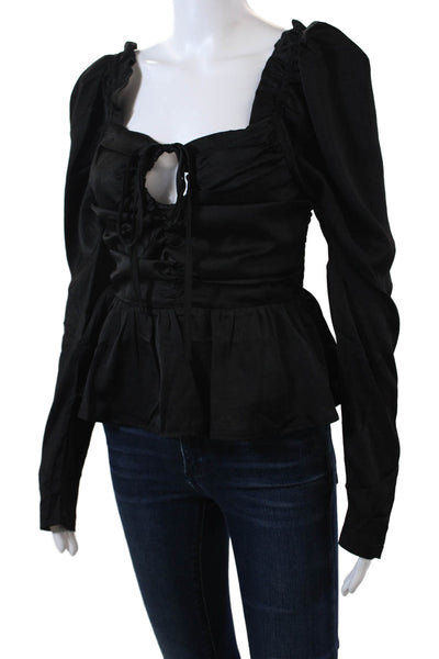 Six Fifty Womens Smocked Long Rouched Detail Sleeve Crop Top Black Size S