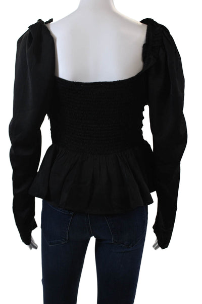 Six Fifty Womens Smocked Long Rouched Detail Sleeve Crop Top Black Size S