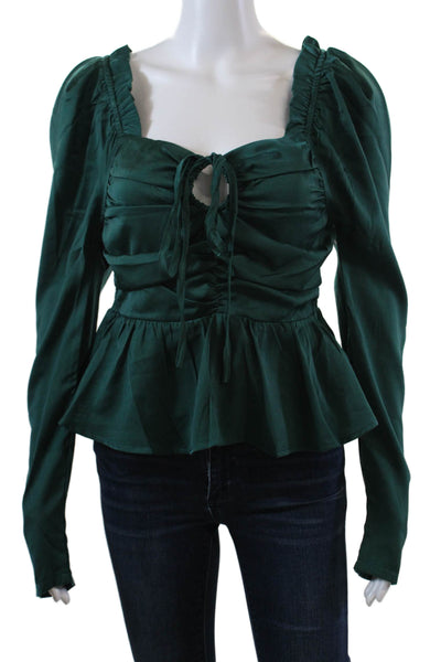Six Fifty Womens Long Sleeve Smocked Rouched Detail Crop Top Green Size S