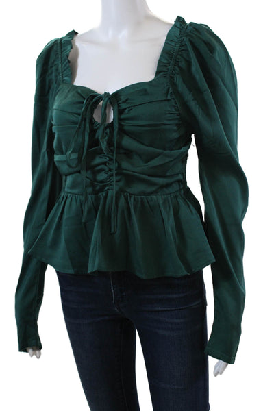 Six Fifty Womens Long Sleeve Smocked Rouched Detail Crop Top Green Size S