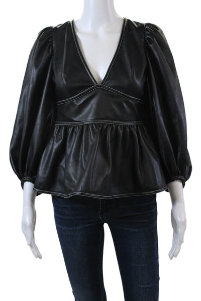 Staud Womens Long Sleeve V-Neck Tied Peplum Blouse Solid Black Size 2