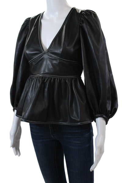 Staud Womens Long Sleeve V-Neck Tied Peplum Blouse Solid Black Size 2