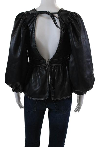 Staud Womens Long Sleeve V-Neck Tied Peplum Blouse Solid Black Size 2