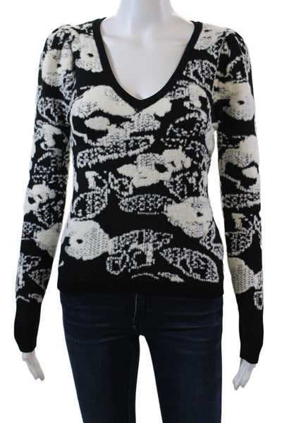 Jason Wu Womens Abstract V-Neck Thick-Knit Pullover Sweater Black Size XS