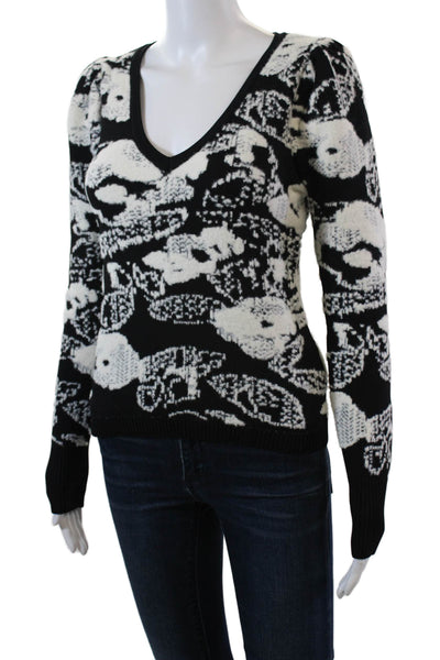 Jason Wu Womens Abstract V-Neck Thick-Knit Pullover Sweater Black Size XS