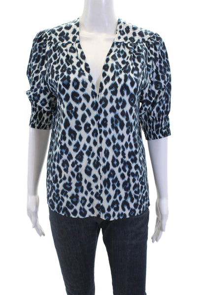 ALC Womens Cotton Leopard Printed V-Neck Puff Sleeve Blouse Blue Size 2