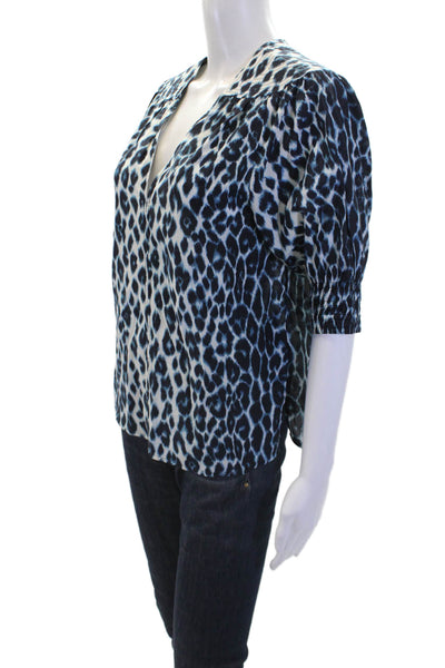 ALC Womens Cotton Leopard Printed V-Neck Puff Sleeve Blouse Blue Size 2