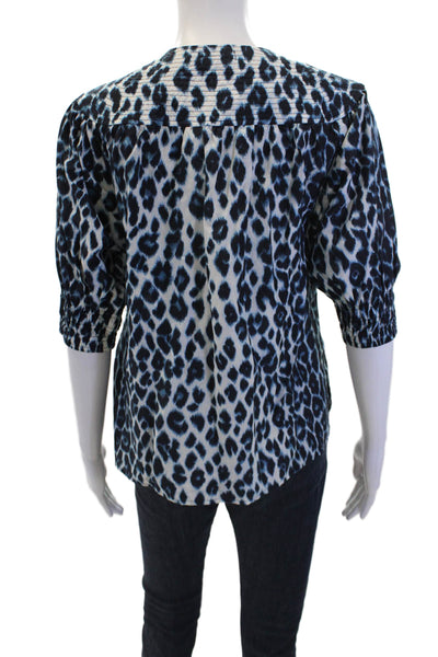 ALC Womens Cotton Leopard Printed V-Neck Puff Sleeve Blouse Blue Size 2