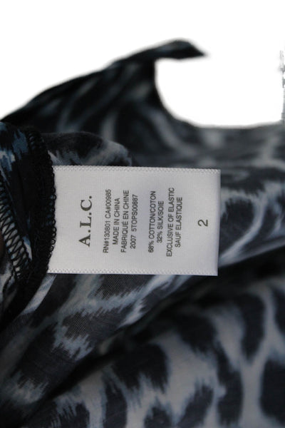 ALC Womens Cotton Leopard Printed V-Neck Puff Sleeve Blouse Blue Size 2