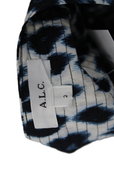 ALC Womens Cotton Leopard Printed V-Neck Puff Sleeve Blouse Blue Size 2