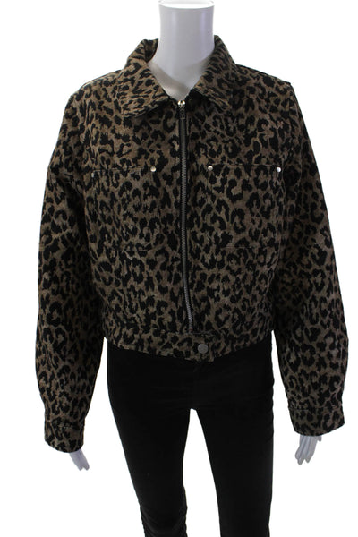 Blue Blush Womens Long Sleeve Collared Animal Print Zip Jacket Brown Size M
