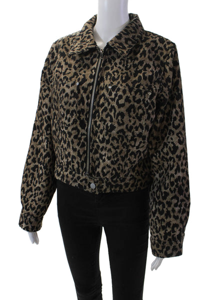 Blue Blush Womens Long Sleeve Collared Animal Print Zip Jacket Brown Size M