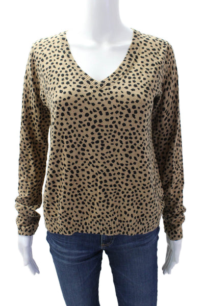 ATM Womens Cotton V-neck Long Sleeve Animal Printed Knit Sweater Brown Size S