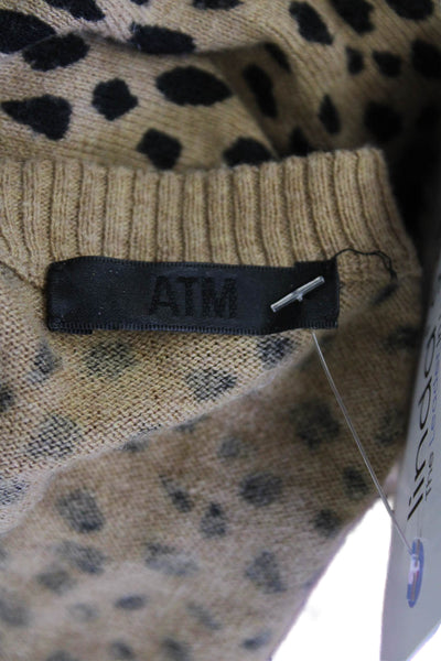 ATM Womens Cotton V-neck Long Sleeve Animal Printed Knit Sweater Brown Size S