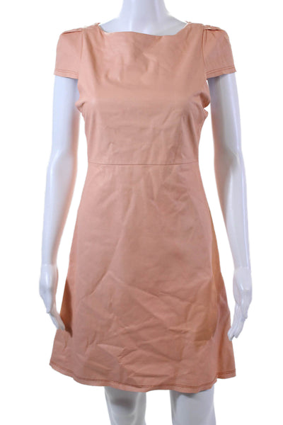 Alice + Olivia Womens Zip Up Short Sleeve Faux Leather Shift Dress Beige Size 6