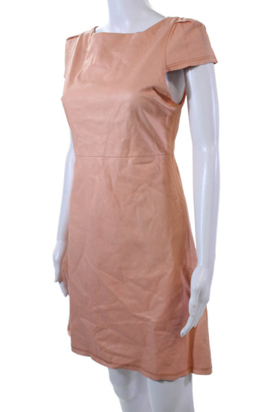 Alice + Olivia Womens Zip Up Short Sleeve Faux Leather Shift Dress Beige Size 6