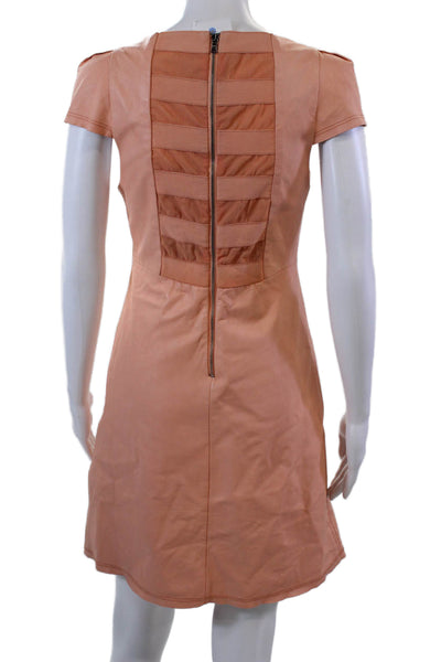 Alice + Olivia Womens Zip Up Short Sleeve Faux Leather Shift Dress Beige Size 6