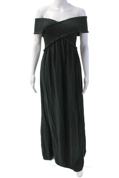 Flawless Womens Smocked V Neck Sleeveless Maxi Dress Dark Green Size Small