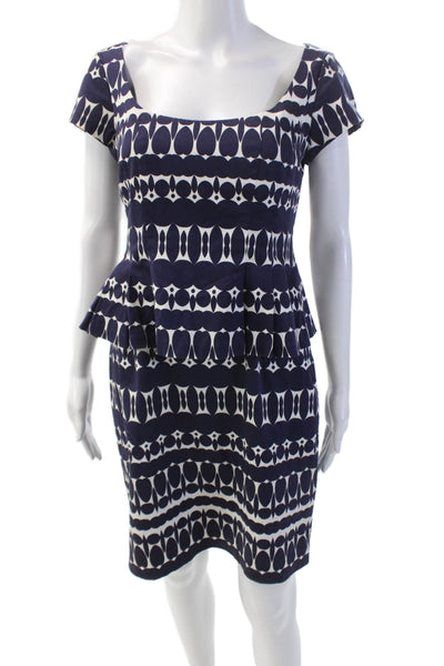 Nanette Lepore Womens Geometric Print Peplum Dress White Navy Blue Size 4