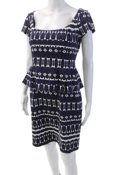 Nanette Lepore Womens Geometric Print Peplum Dress White Navy Blue Size 4