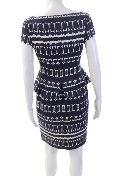 Nanette Lepore Womens Geometric Print Peplum Dress White Navy Blue Size 4
