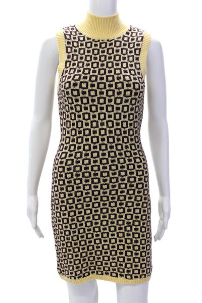 Zara Womens Knit Textured Mock Neck Sleeveless Printed Sweater Dress Yellow Size