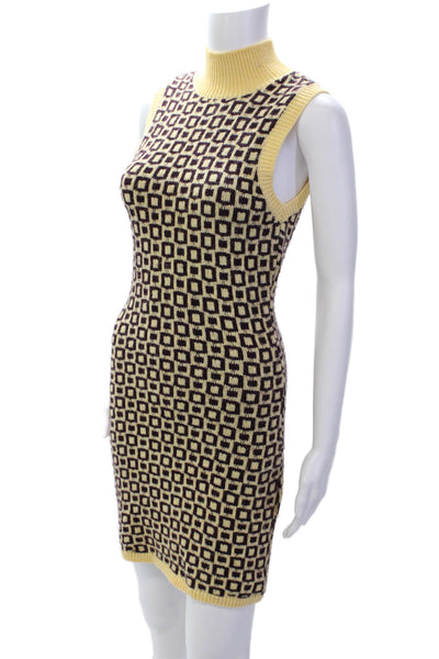 Zara Womens Knit Textured Mock Neck Sleeveless Printed Sweater Dress Yellow Size