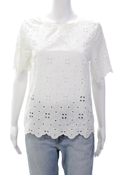 We Wore What Women's Round Neck Short Sleeves Eyelet Blouse White Size S
