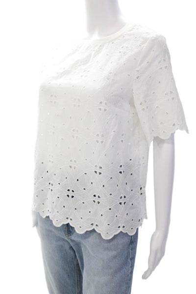 We Wore What Women's Round Neck Short Sleeves Eyelet Blouse White Size S