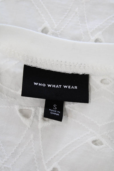 We Wore What Women's Round Neck Short Sleeves Eyelet Blouse White Size S