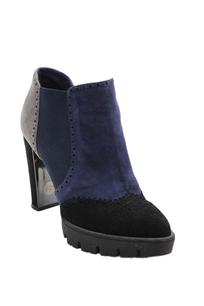 Baldinini Womens Side Zip Block Heel Cap Toe Booties Navy Gray Black Suede 38.5