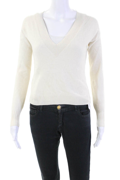 Intermix Women's Long Sleeves Cashmere V-Neck Pullover Sweater Cream Size P