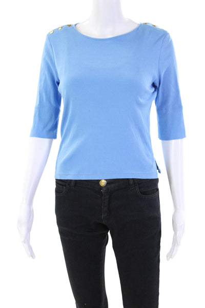 Lauren Ralph Lauren Womens Half Sleeve Scoop Neck Shirt Blue Cotton Size Small