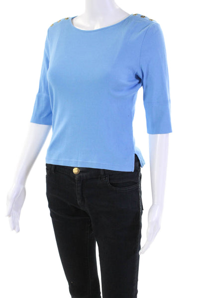 Lauren Ralph Lauren Womens Half Sleeve Scoop Neck Shirt Blue Cotton Size Small