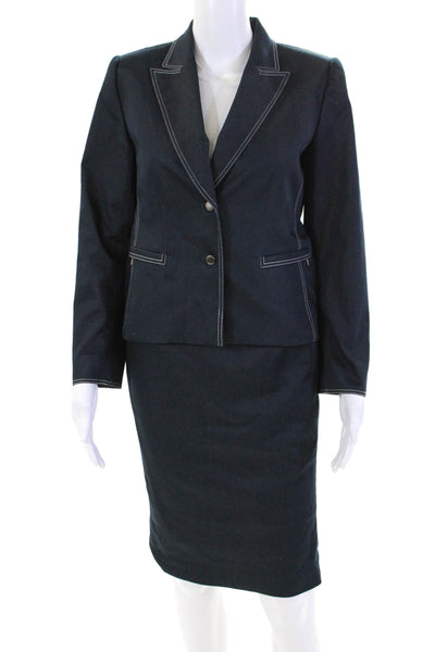 Tahari Womens Two Button Pointed Lapel Skirt Suit Blue Cotton Size 6P