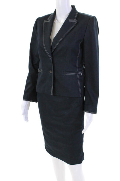 Tahari Womens Two Button Pointed Lapel Skirt Suit Blue Cotton Size 6P
