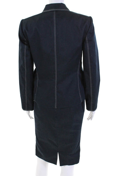 Tahari Womens Two Button Pointed Lapel Skirt Suit Blue Cotton Size 6P