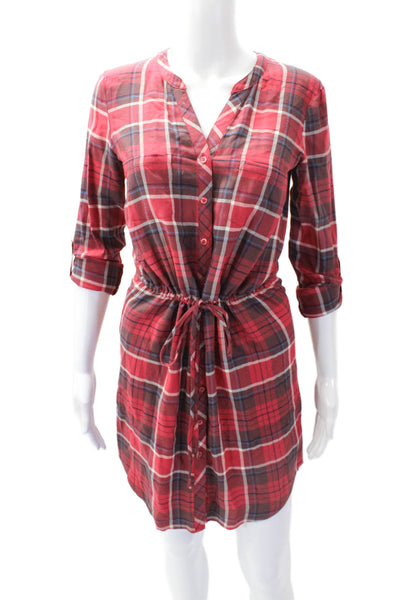Soft Joie Womens Button Front Drawstring Plaid Shirt Derss Pink White Size 2XS