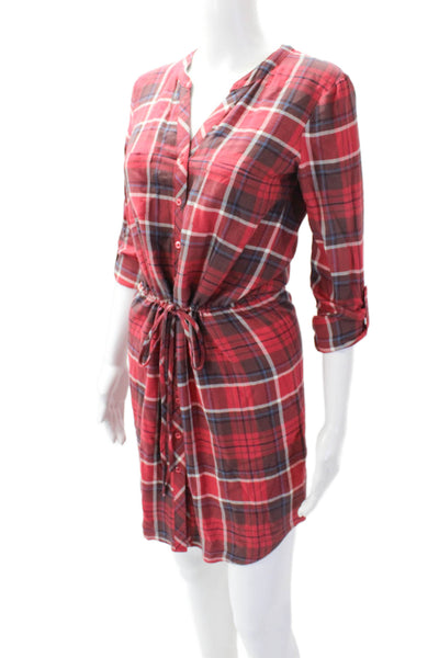 Soft Joie Womens Button Front Drawstring Plaid Shirt Derss Pink White Size 2XS