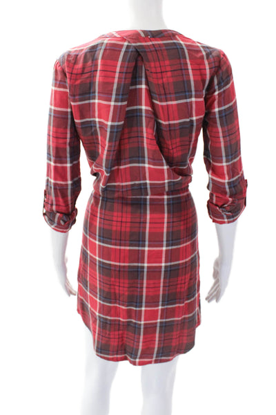 Soft Joie Womens Button Front Drawstring Plaid Shirt Derss Pink White Size 2XS