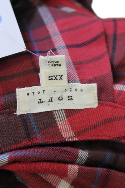 Soft Joie Womens Button Front Drawstring Plaid Shirt Derss Pink White Size 2XS